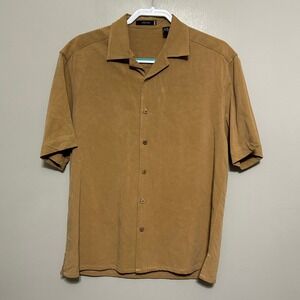 Visitor Men's Silk Button Up Shirt M Tan Brown Short Sleeve Camp Collar Luxury